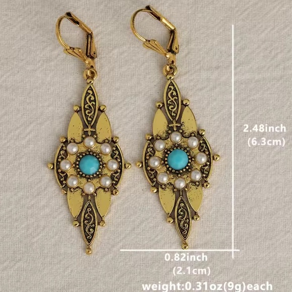 Victorian Gold Filigree Drop Earrings with Turquoise & Pearl Accents - Picture 6 of 6
